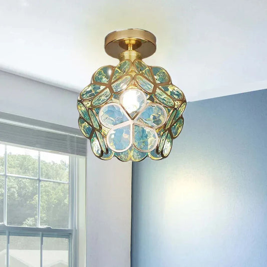 Vintage Crystal Ceiling Light – Semi-Flush Chandelier with Coloured Glass Shade