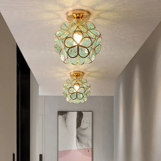 Vintage Crystal Ceiling Light – Semi-Flush Chandelier with Coloured Glass Shade