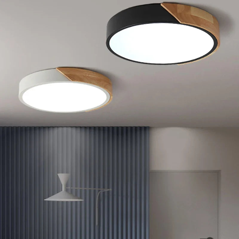 Modern LED Ceiling Light with Wooden Accent – Flush Mount Design