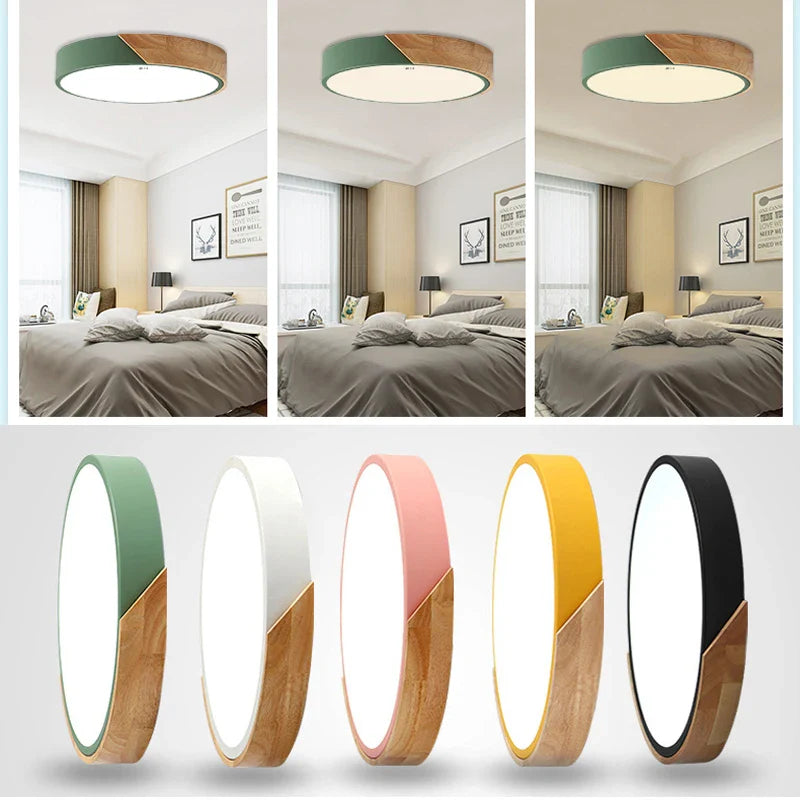 Modern LED Ceiling Light with Wooden Accent – Flush Mount Design
