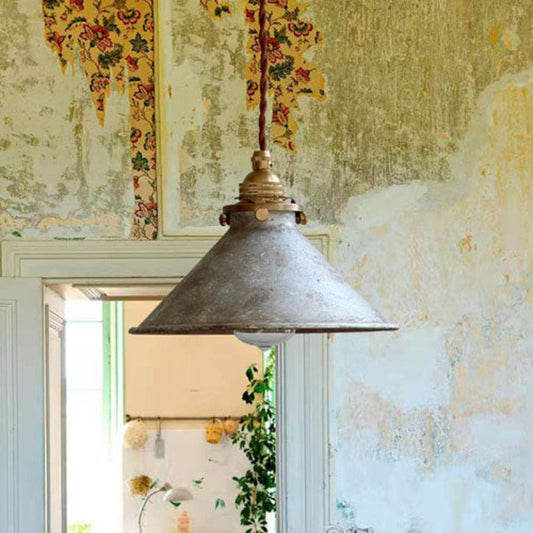 Patinated Metal Cone Ceiling Pendant, Vintage Rustic - Arrielight