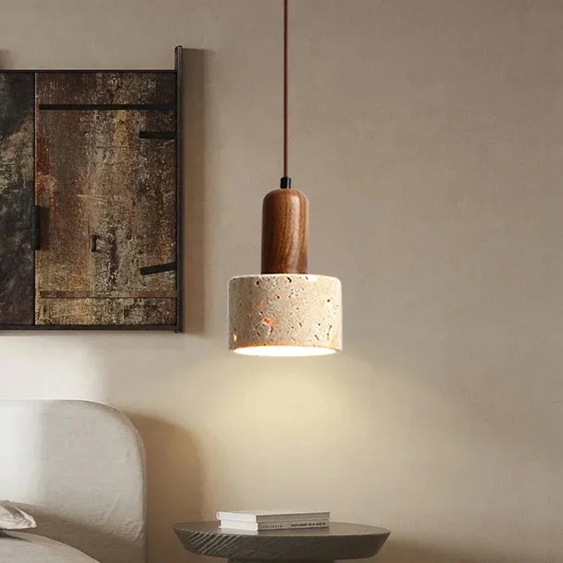 Pendant Light with Natural Stone and Wood – Modern Ceiling Lamp for Kitchen or Dining Room