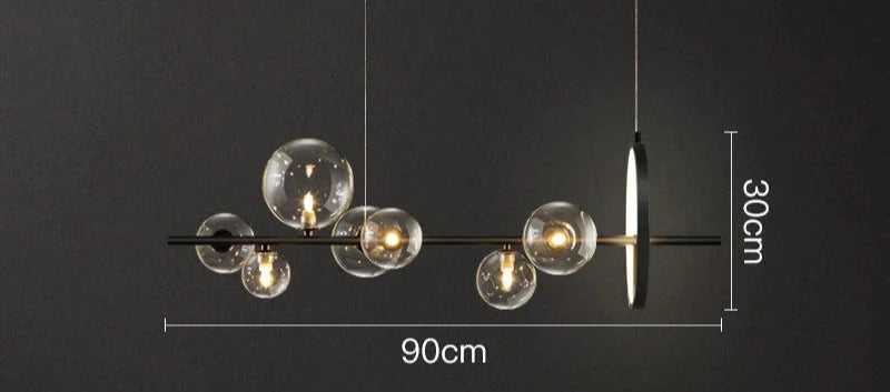 Modern Linear Chandelier – Glass Globes and LED Ring on Black Frame