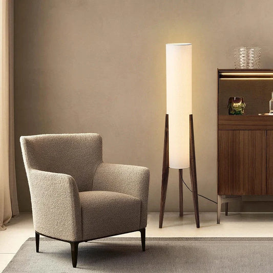 Modern Floor Lamp with Wooden Legs and Cylindrical Shade
