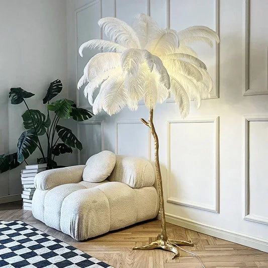 Luxury Feather Palm Tree Floor Lamp – Ostrich Feather Design with Brass Finish
