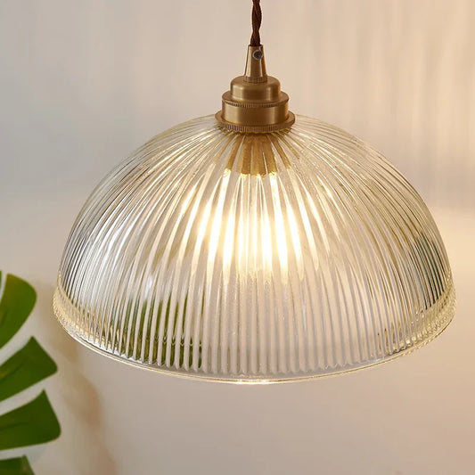 Retro Pendant Light with Ribbed Glass Shade and Brass Finish