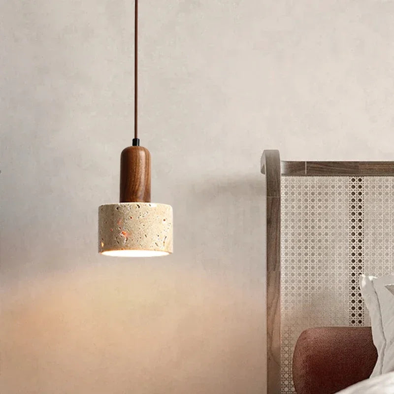 Pendant Light with Natural Stone and Wood – Modern Ceiling Lamp for Kitchen or Dining Room
