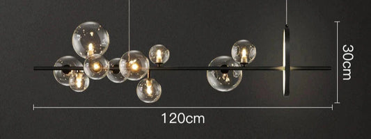 Modern Linear Chandelier – Glass Globes and LED Ring on Black Frame
