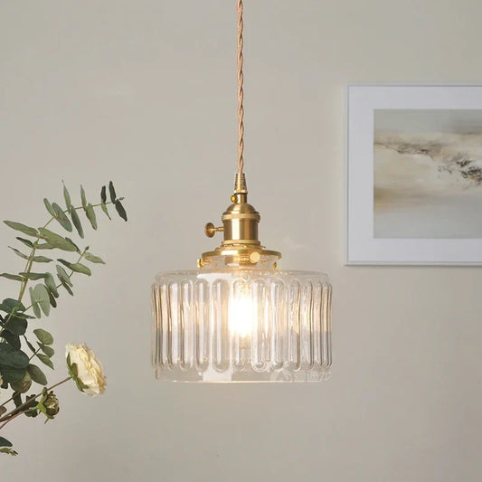 Vintage-Style Glass Pendant Light with Ribbed Shade and Gold Finish