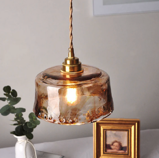 Amber Art Glass Pendant Light with Brass Finish