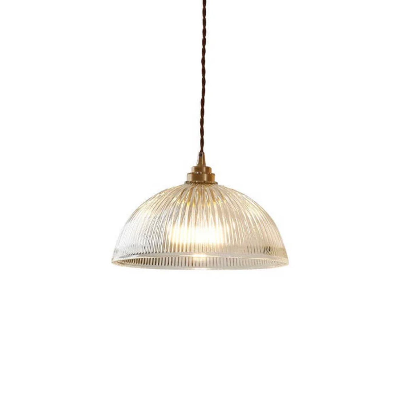 Retro Pendant Light with Ribbed Glass Shade and Brass Finish