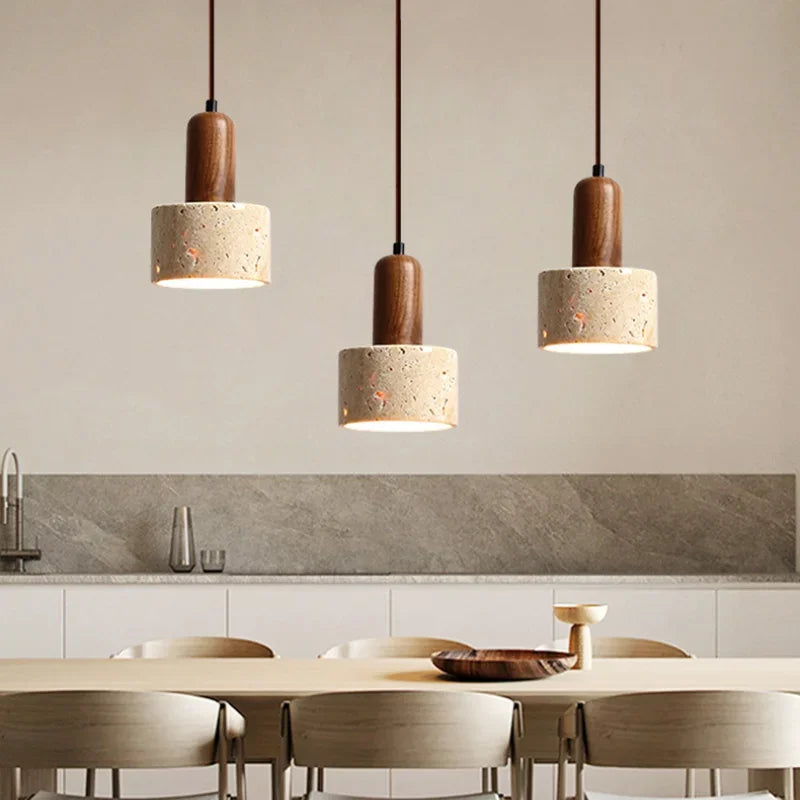 Pendant Light with Natural Stone and Wood – Modern Ceiling Lamp for Kitchen or Dining Room