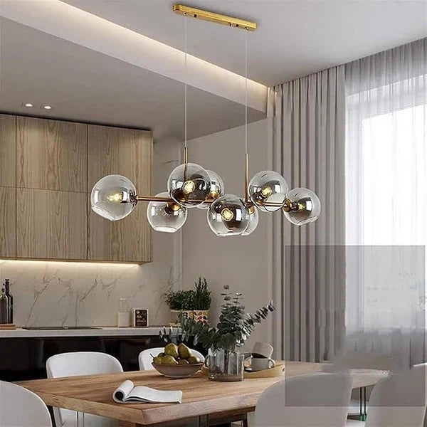 Modern Chandelier with Glass Globes – Designer Pendant Light with Smoked Shades and Circular Frame