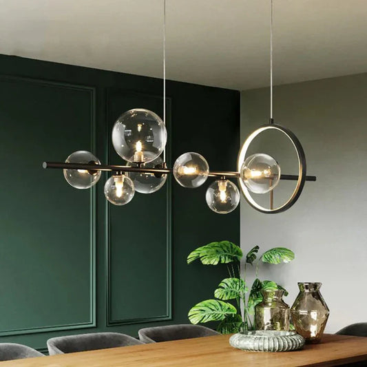 Modern Linear Chandelier – Glass Globes and LED Ring on Black Frame