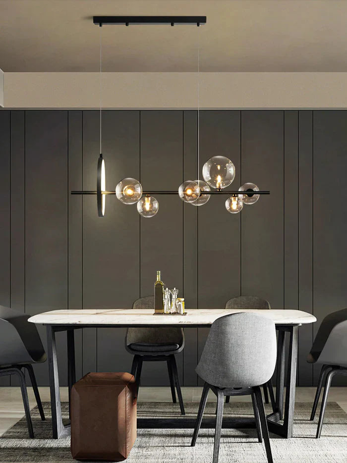 Modern Linear Chandelier – Glass Globes and LED Ring on Black Frame