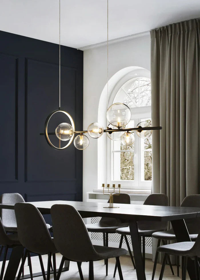 Modern Linear Chandelier – Glass Globes and LED Ring on Black Frame