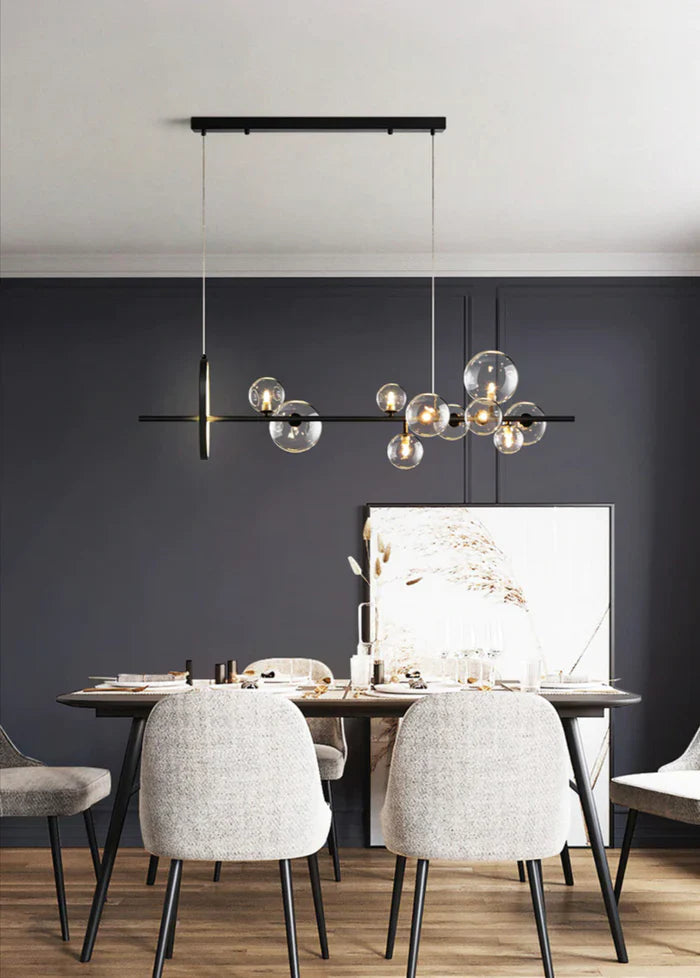 Modern Linear Chandelier – Glass Globes and LED Ring on Black Frame