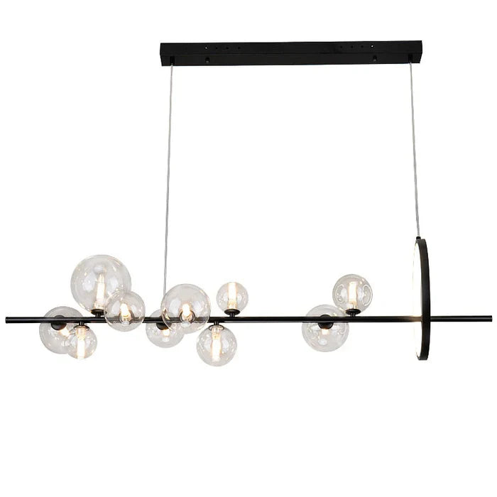 Modern Linear Chandelier – Glass Globes and LED Ring on Black Frame