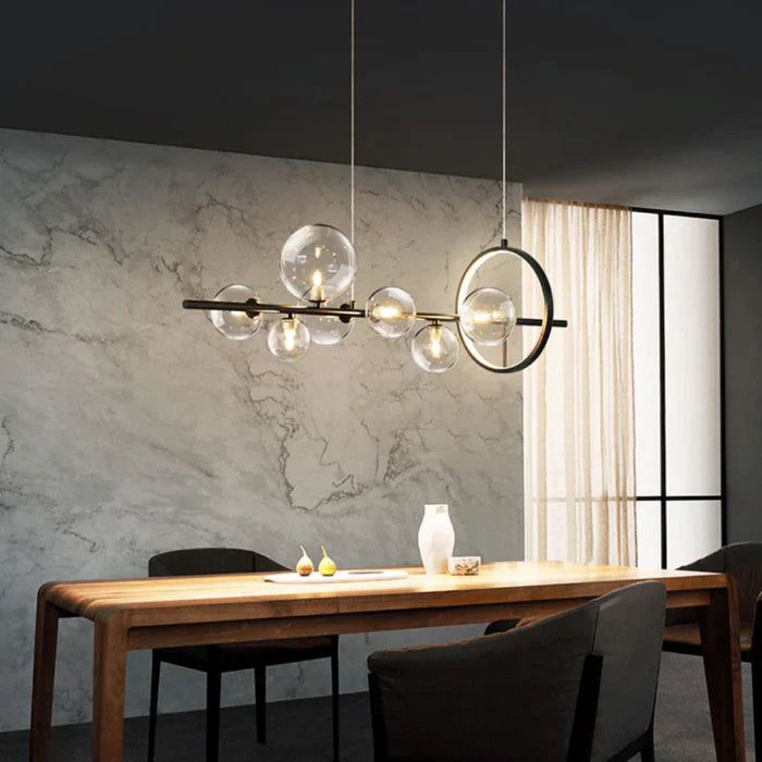 Modern Linear Chandelier – Glass Globes and LED Ring on Black Frame