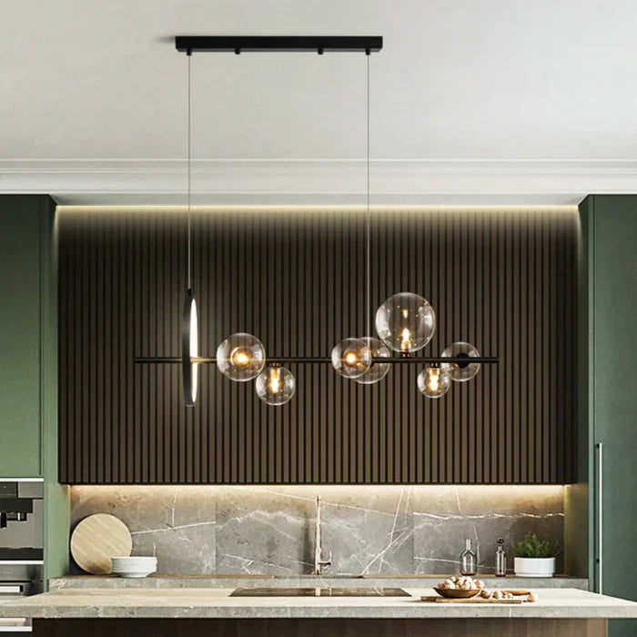 Modern Linear Chandelier – Glass Globes and LED Ring on Black Frame