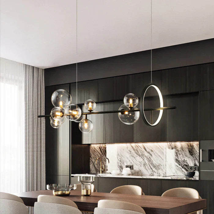 Modern Linear Chandelier – Glass Globes and LED Ring on Black Frame