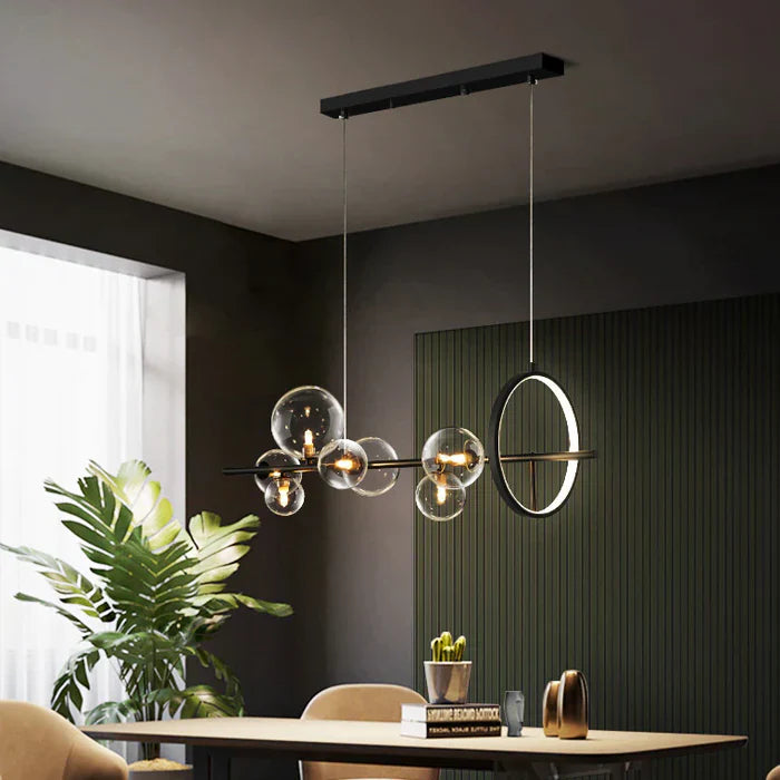 Modern Linear Chandelier – Glass Globes and LED Ring on Black Frame