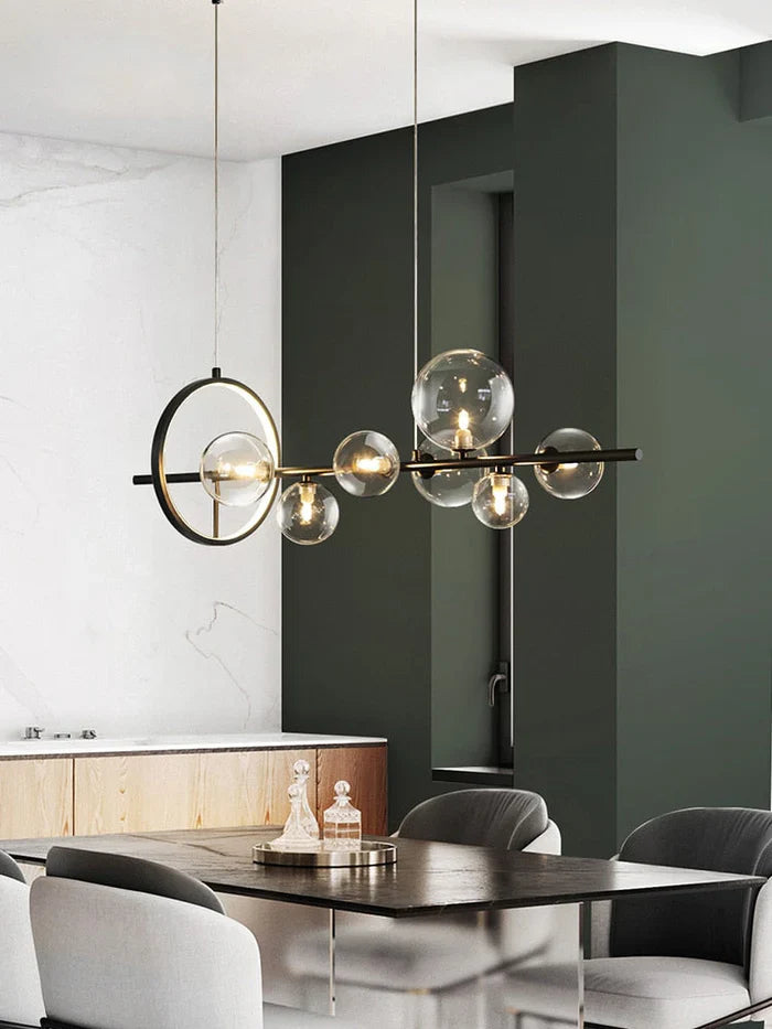 Modern Linear Chandelier – Glass Globes and LED Ring on Black Frame