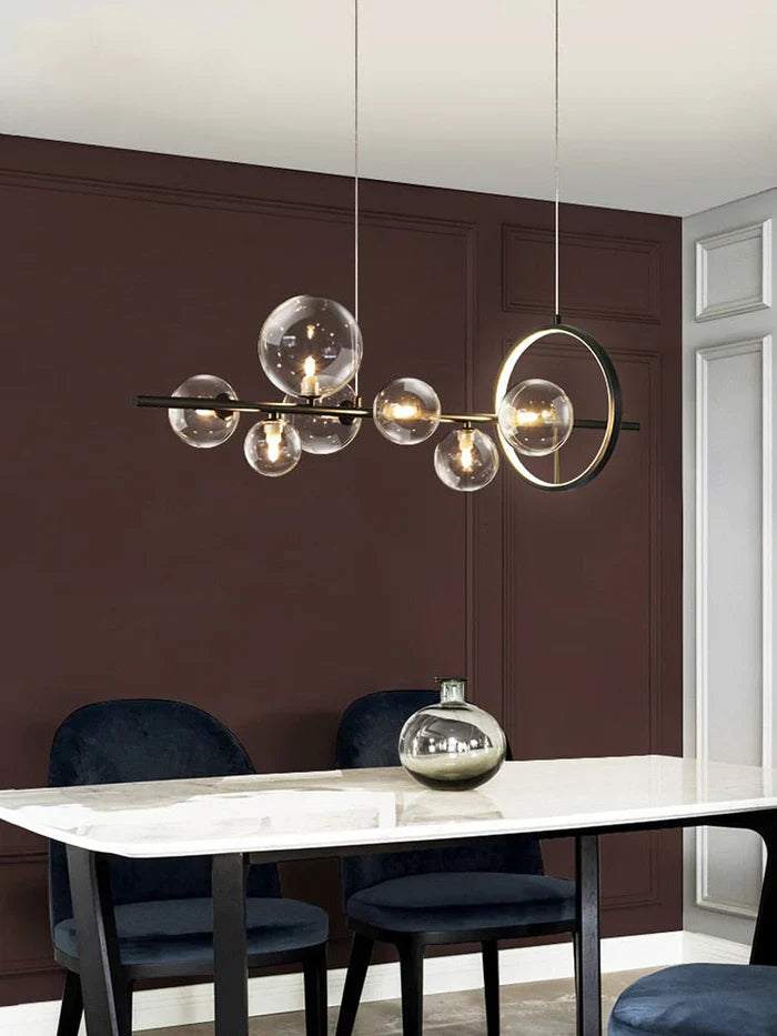 Modern Linear Chandelier – Glass Globes and LED Ring on Black Frame
