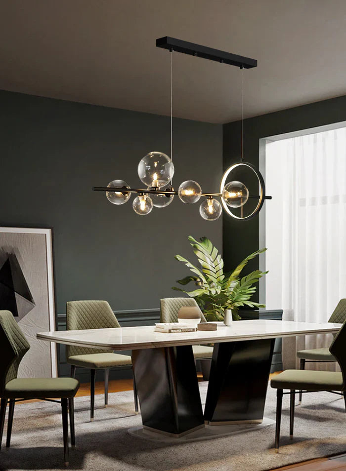 Modern Linear Chandelier – Glass Globes and LED Ring on Black Frame