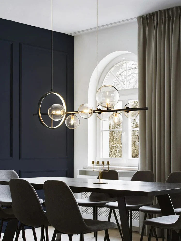 Modern Linear Chandelier – Glass Globes and LED Ring on Black Frame