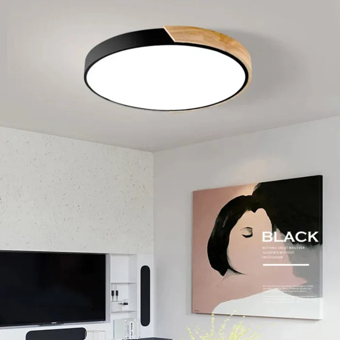 Modern LED Ceiling Light with Wooden Accent – Flush Mount Design