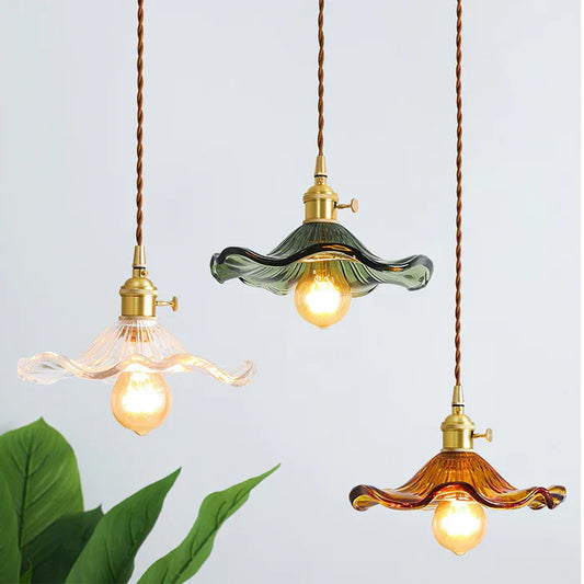 Vintage Glass Pendant Light – Floral Design with Wavy Shade