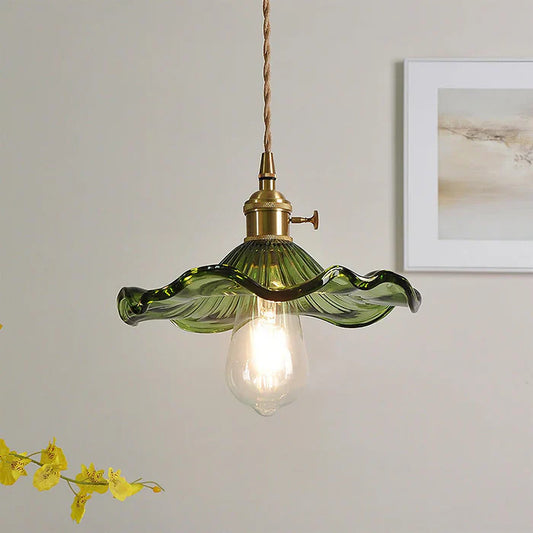 Vintage Glass Pendant Light – Floral Design with Wavy Shade