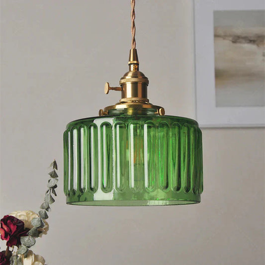 Vintage-Style Glass Pendant Light with Ribbed Shade and Gold Finish