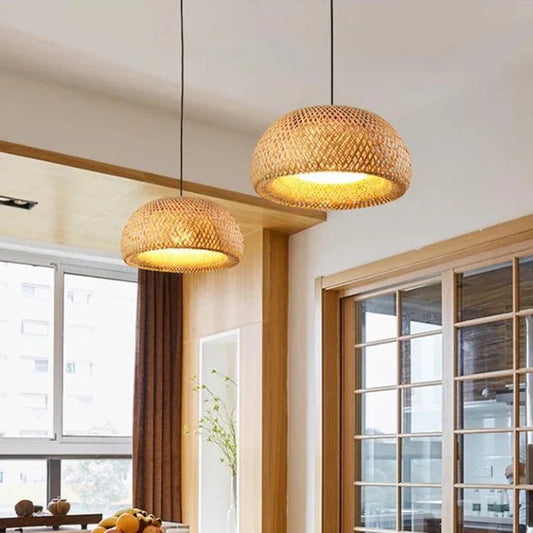 Boho Rattan Pendant Light – Handwoven Bamboo Ceiling Lamp