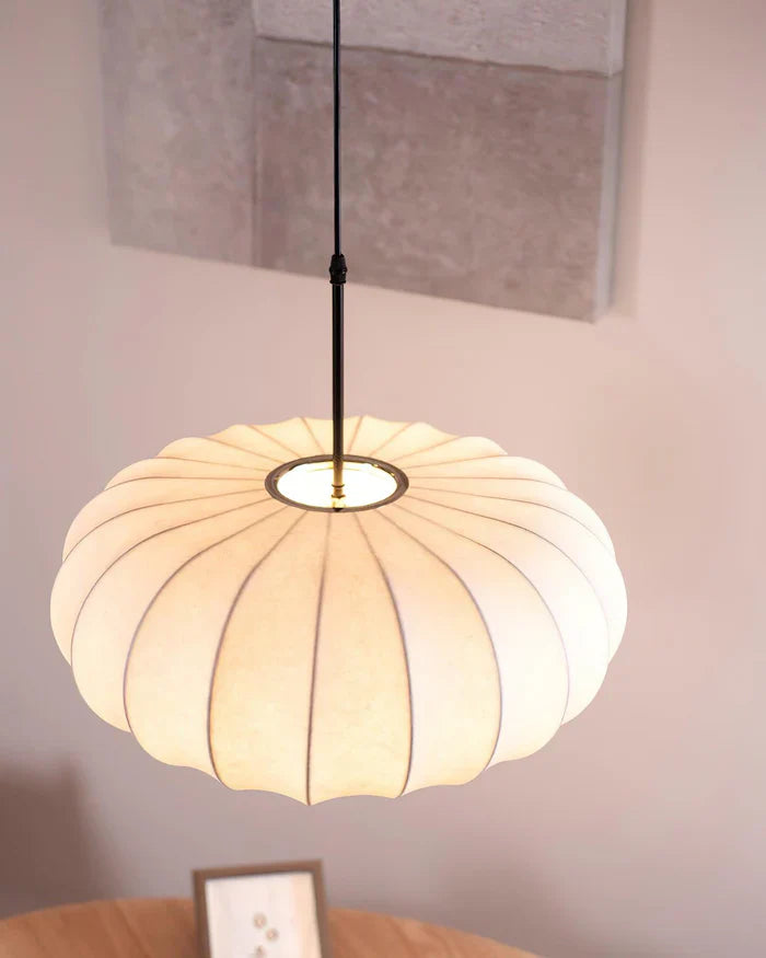 Japandi-Style Rice Paper Pendant Light – Oval Shade with Subtle Ribbing