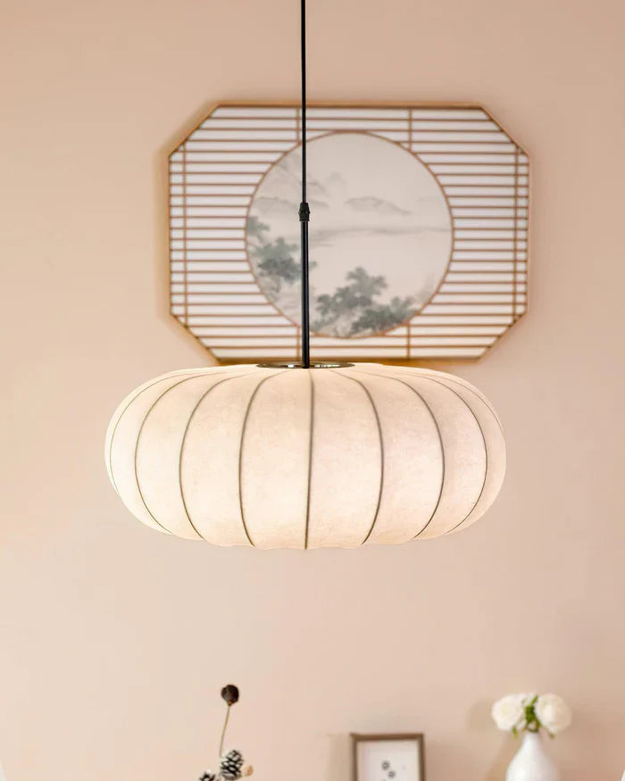 Japandi-Style Rice Paper Pendant Light – Oval Shade with Subtle Ribbing