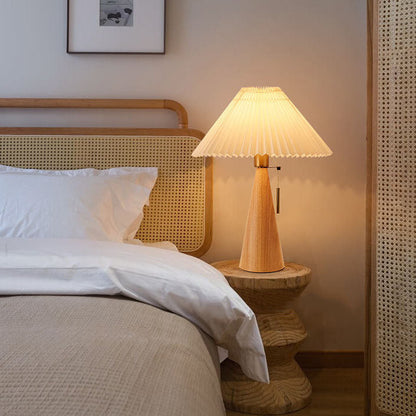 Pleated Shade Table Lamp with Wooden Base – Scandinavian Style