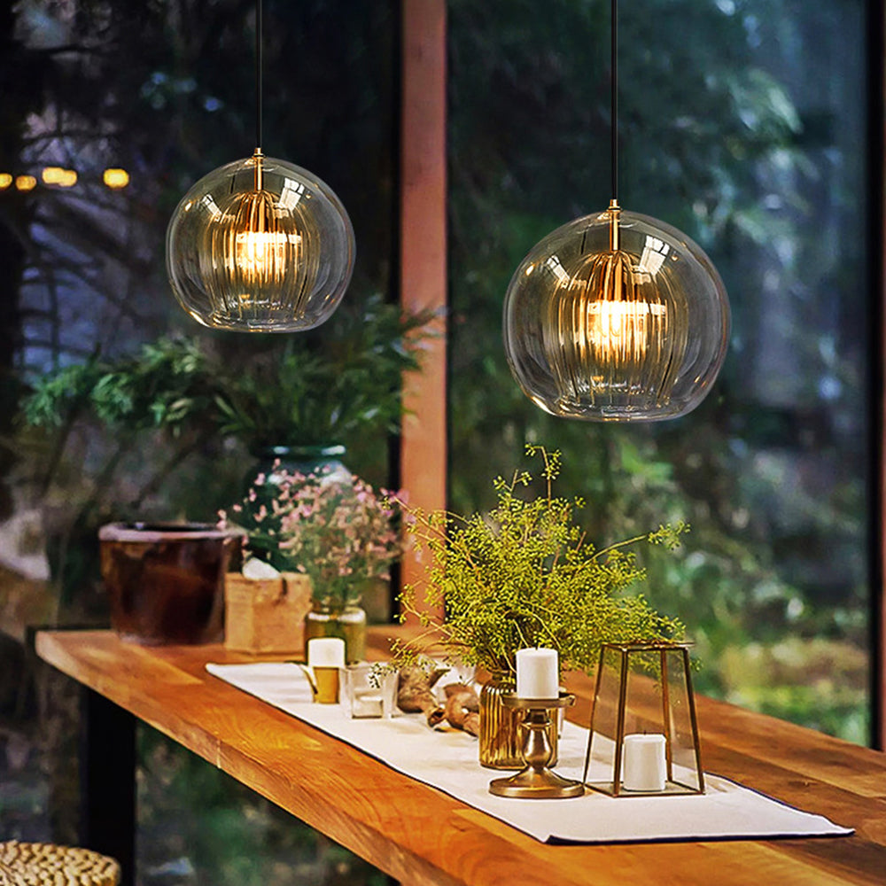 Double Glass Globe Ceiling Pendant with Ribbed Inner Shade - Arrielight