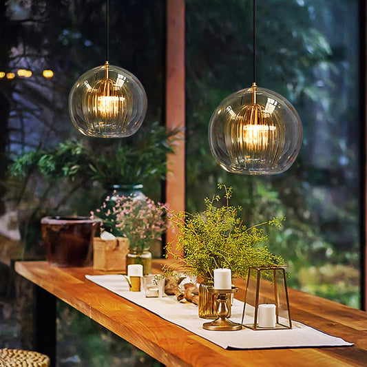 Double Glass Globe Ceiling Pendant with Ribbed Inner Shade - Arrielight