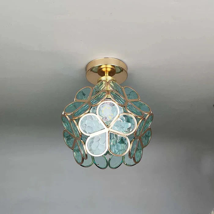 Vintage Crystal Ceiling Light – Semi-Flush Chandelier with Coloured Glass Shade