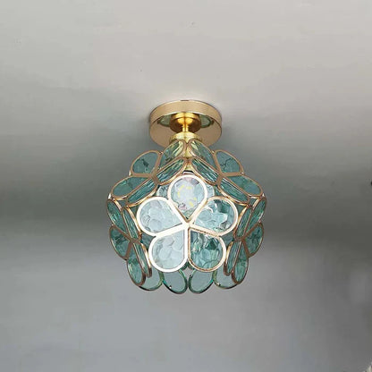 Vintage Crystal Ceiling Light – Semi-Flush Chandelier with Coloured Glass Shade