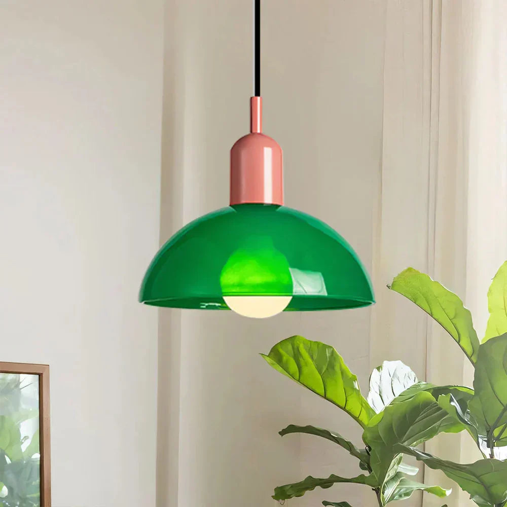 Colourful Retro Pendant Light with Semi-Dome Glass Shade