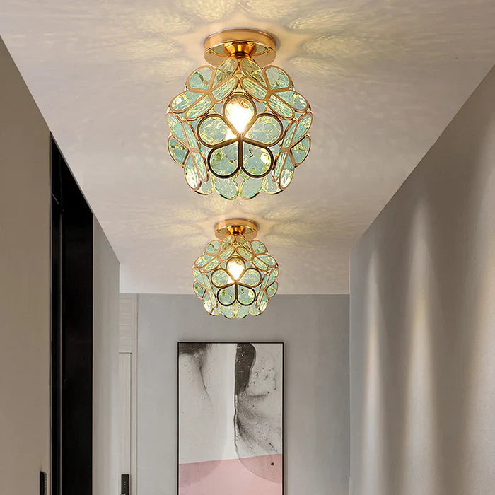 Vintage Crystal Ceiling Light – Semi-Flush Chandelier with Coloured Glass Shade