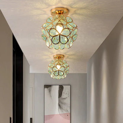 Vintage Crystal Ceiling Light – Semi-Flush Chandelier with Coloured Glass Shade