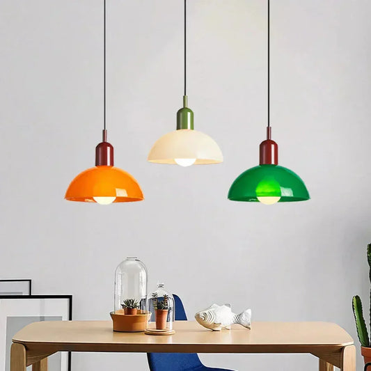 Colourful Retro Pendant Light with Semi-Dome Glass Shade