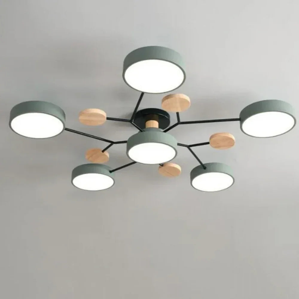 Multi-Arm LED Ceiling Light – Minimalist Design with Wood Accents