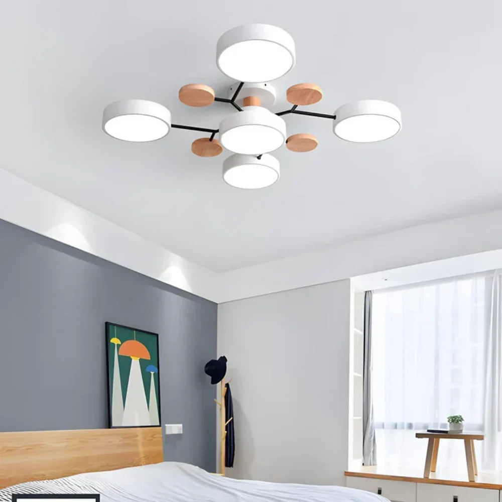 Multi-Arm LED Ceiling Light – Minimalist Design with Wood Accents
