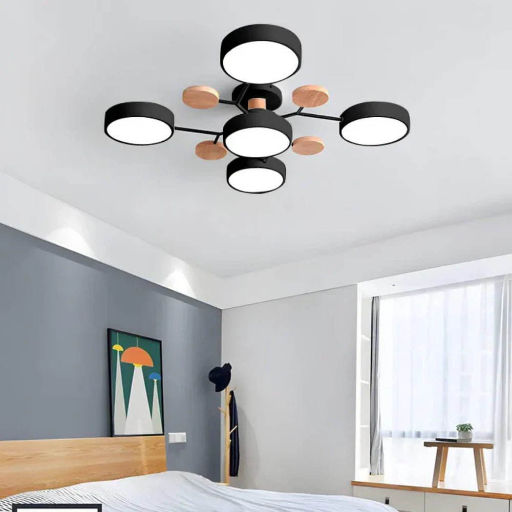 Multi-Arm LED Ceiling Light – Minimalist Design with Wood Accents