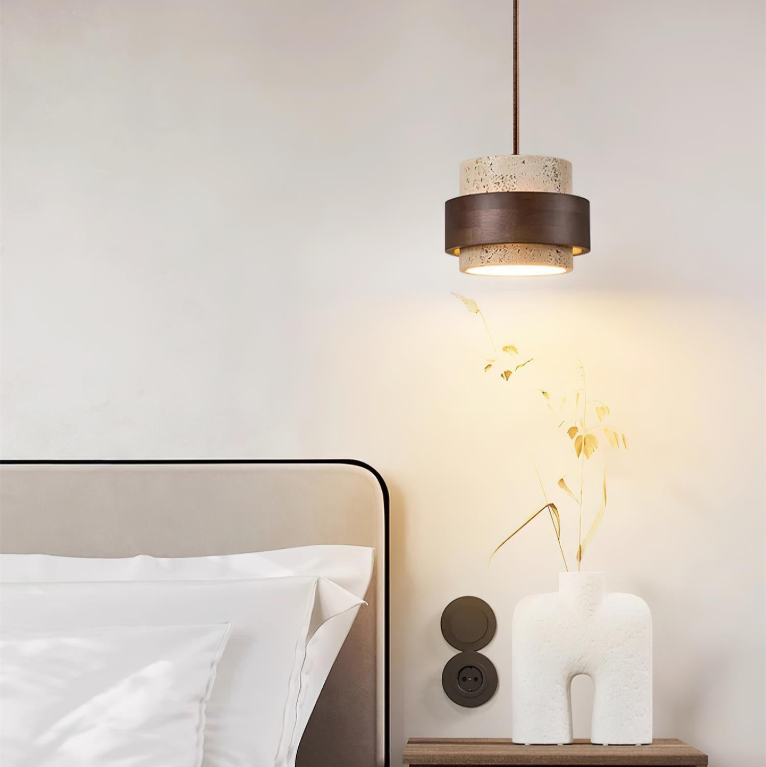 Travertine and Walnut Wood Ceiling Pendant Light - Arrielight